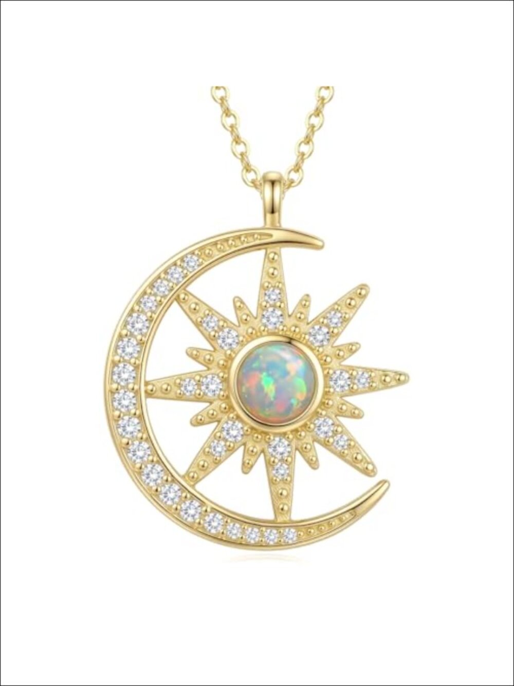 14K Gold Plated Crescent Moon Sun Necklace Opal Pendant